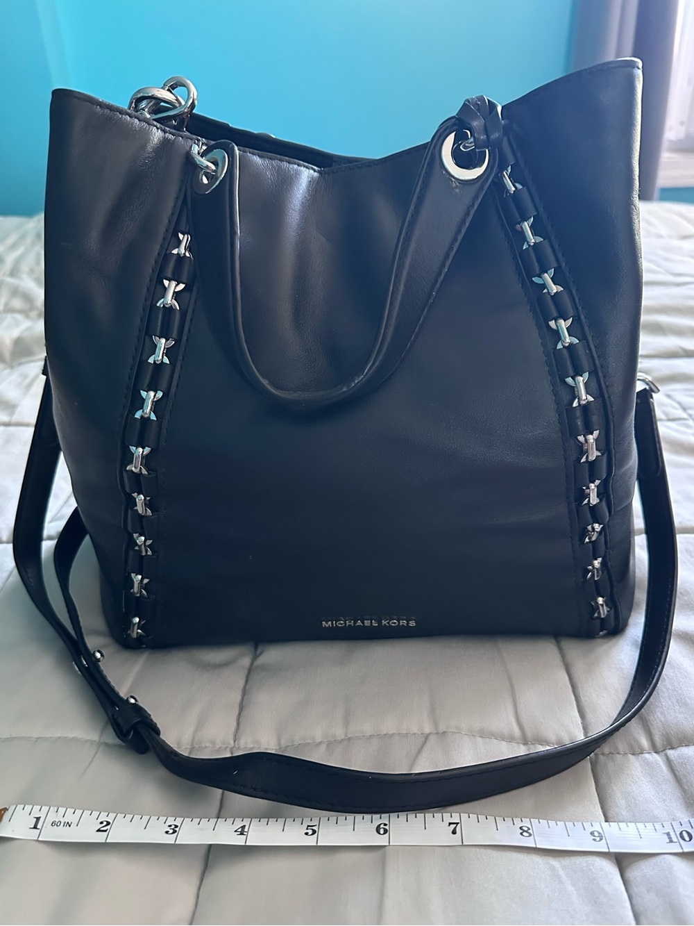 Michael Kors Black Leather Shoulder Tote with Silver Hardware